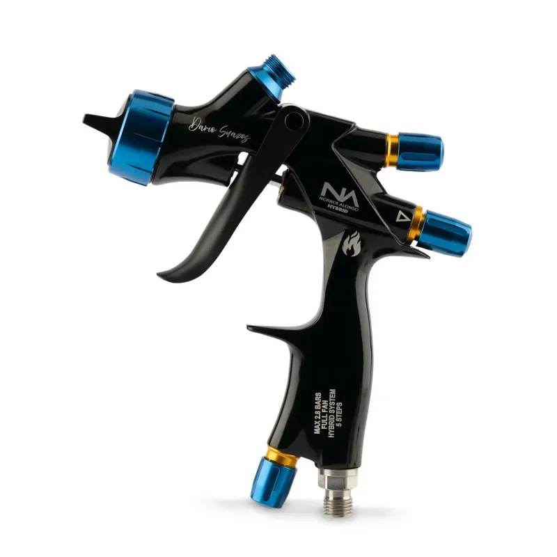 Pistola de pintura Norber Alonso R25 Fire 1.3 híbrida, cuerpo negro cerámico con detalles azules