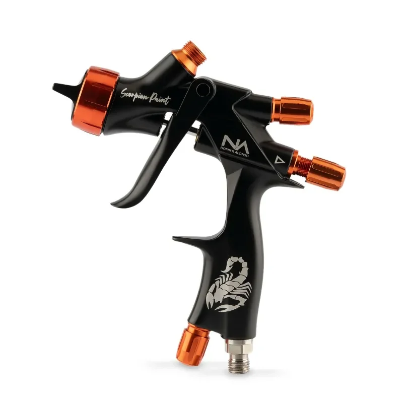 Pistola de pintura Norber Alonso R25 Scorpion Paint híbrida, cuerpo negro con detalles naranja